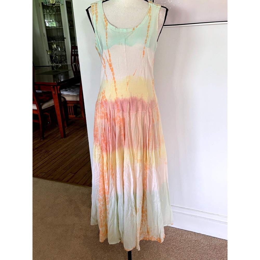 Boho Tie Dye Maxi Sun Dress Sz Small Sleeveless Pastel Dropped Waist